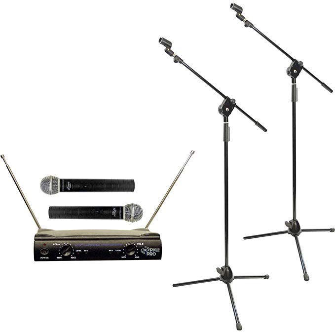 Pyle Dual Mic and Stand Package - PDWM2500 - Dual VHF Wireless Microphone System - 2x PMKS3 Pair of Tripod Microphone Stands W/ Extending Boom