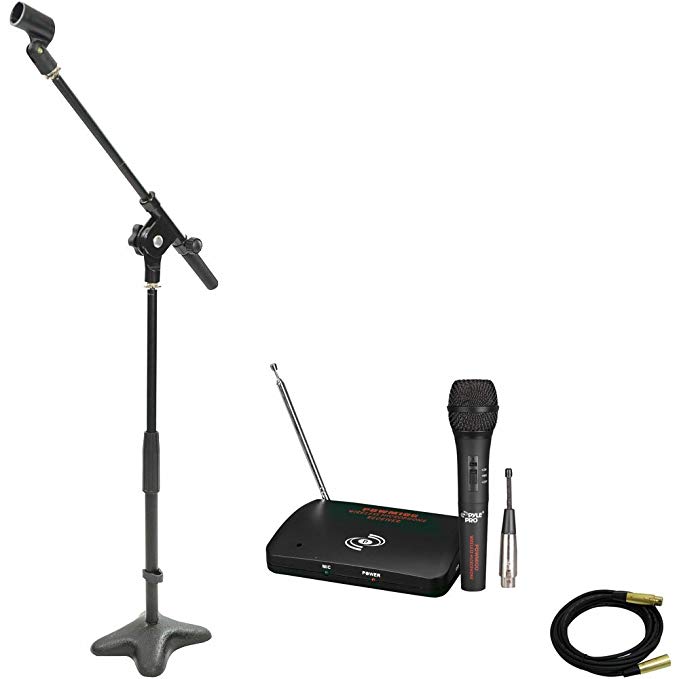 Pyle Mic and Stand Package - PDWM100 Dual Function Wireless/Wired Microphone System - PMKS7 Compact Base Microphone Stand - PPMCL15 15ft. Symmetric Microphone Cable XLR Female to XLR Male