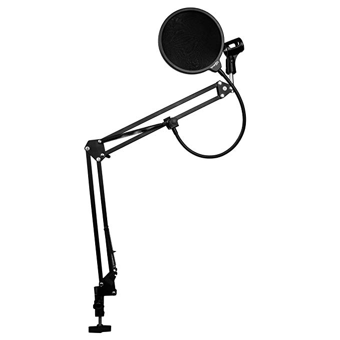 Dragonpad USA Microphone Scissor Boom Arm with Desk Mount and Studio Pop Filter - Black Frame, Black Filter