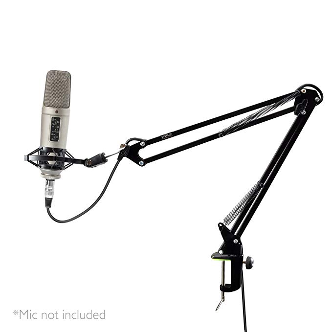 Pyle Adjustable Microphone Boom Scissor Arm Stand - Dual Suspension and Mic Mount Holder w/Shock Mount Clip Perfect for Radio Broadcasting Studio Voice Over Sound Stage and TV Station PMKSH01