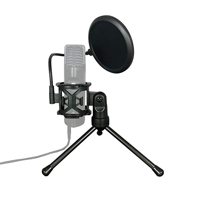 Pro Desktop Microphone Tripod Stand with Pop Filter & Shock Mount, Microphone Holder and Pop Filter Mask Shield for Studio Vocal Recording Podcasts, Online Chat, Meetings and Lectures By TKGOU (TK-2)